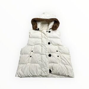 Gap Womens Down Puffer Vest Off White Faux Fur Trim Hooded Large RN 54023